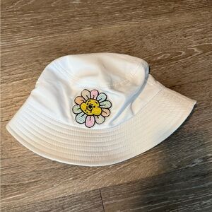 White Bucket Hat with Winnie the Pooh Colorful Beaded Flower Patch